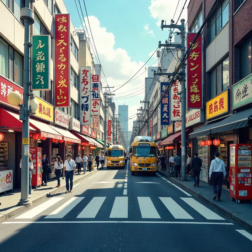 Bustling Daytime Street Scene in Japan with Pedestrians and Shops