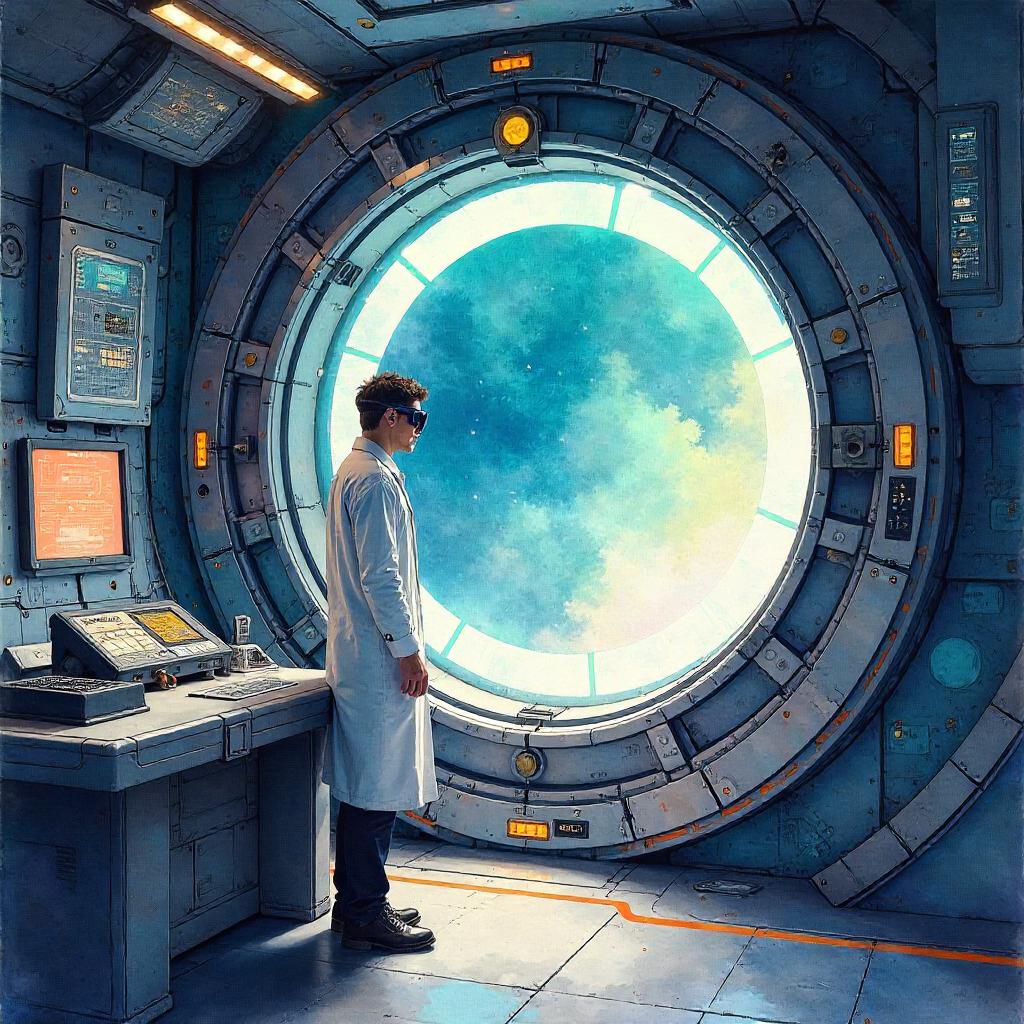Watercolor Scientist in a Portal Chamber