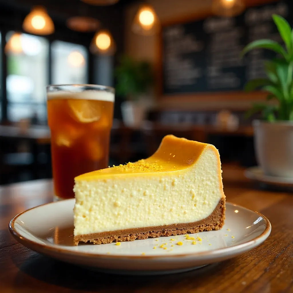 Cozy Café Cheesecake Slice with Iced Coffee Glow