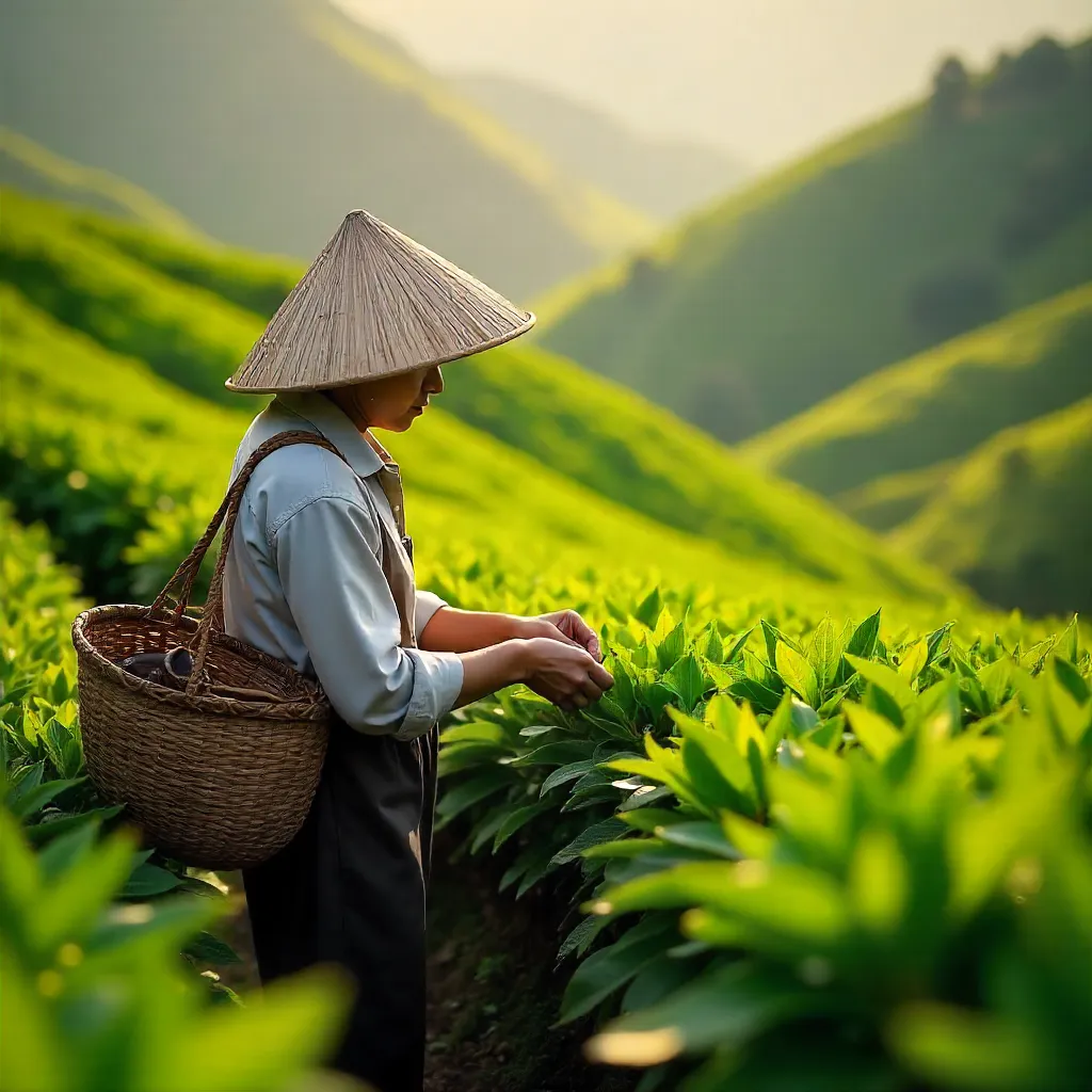 Tea Picker in Phú Thọ's Verdant Terraced Fields
