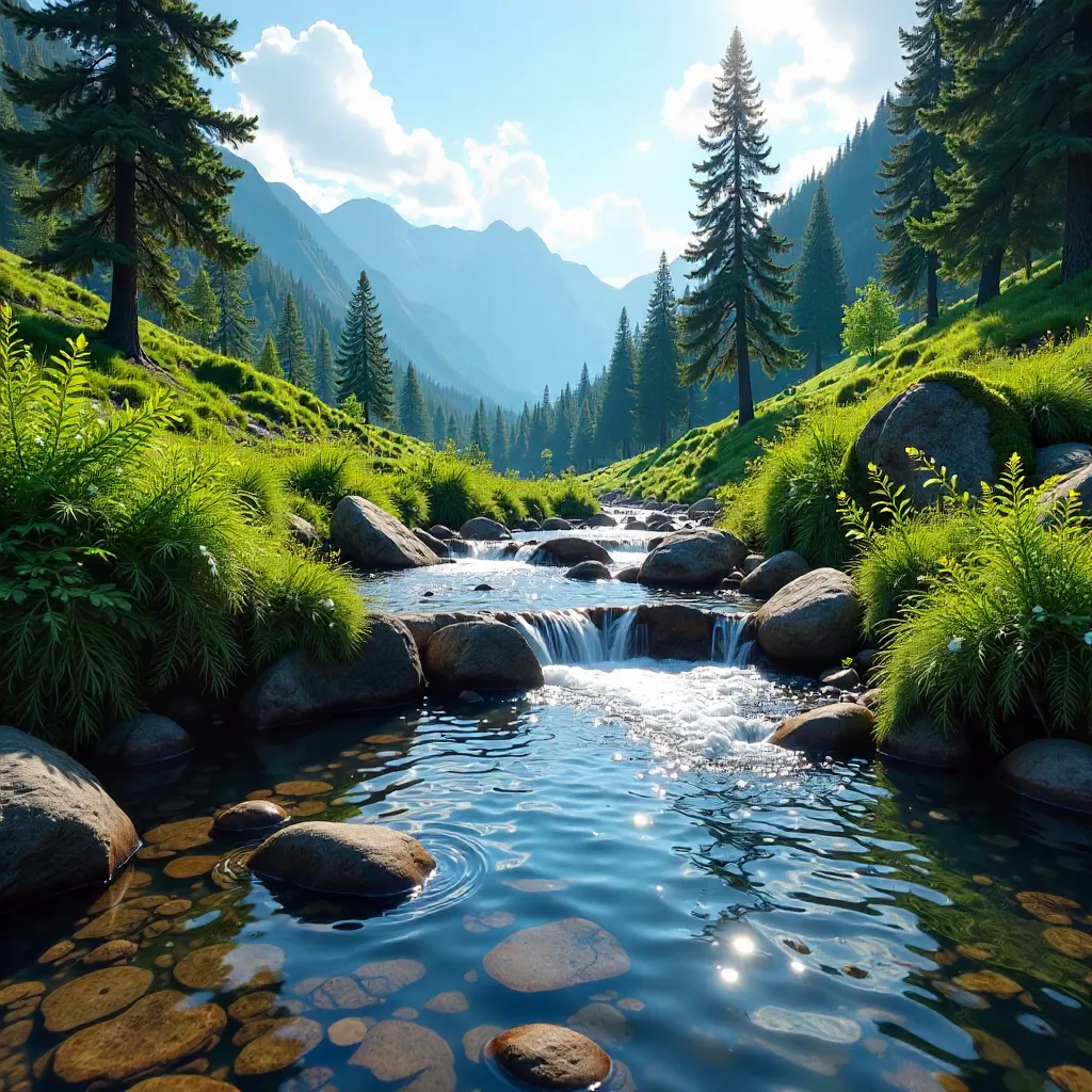 Tranquil Mountain Stream in Lush Green Valley