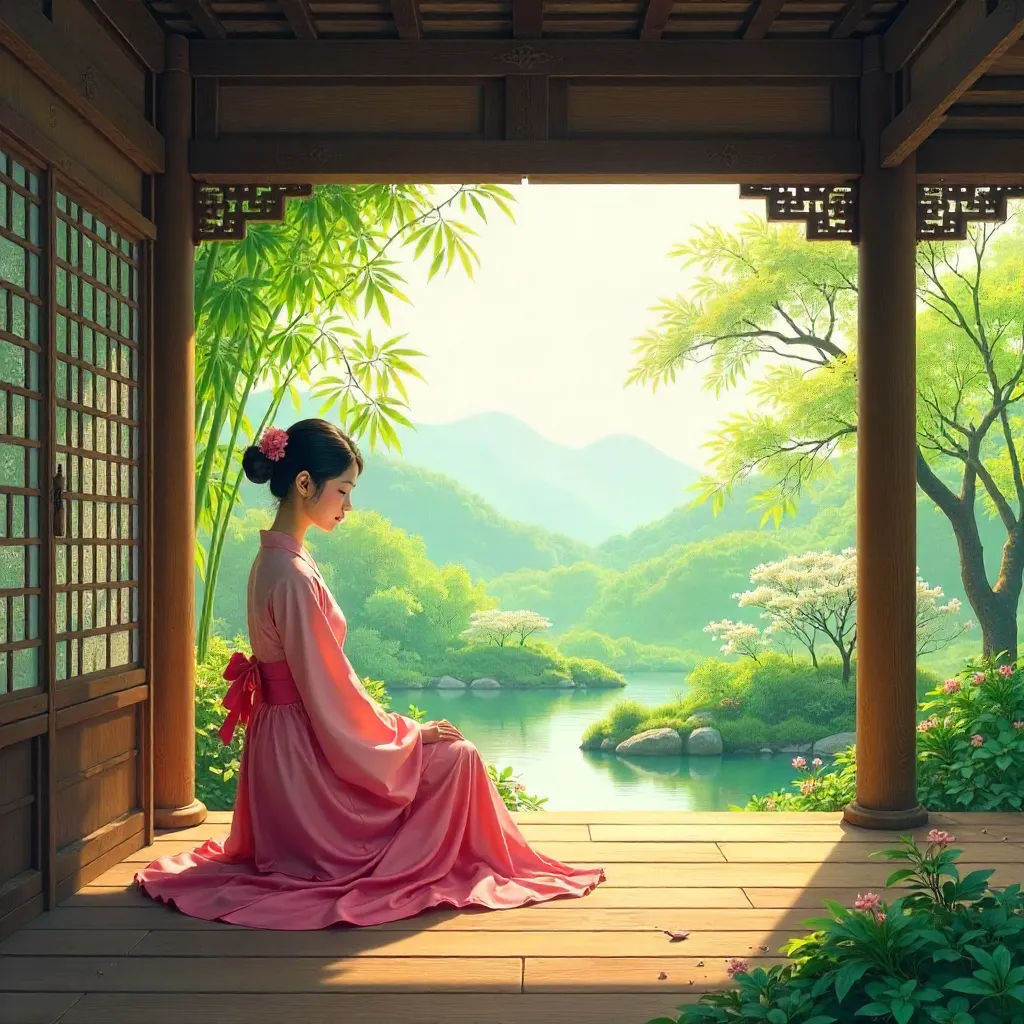 Serene Moment in a Traditional Asian Pavilion