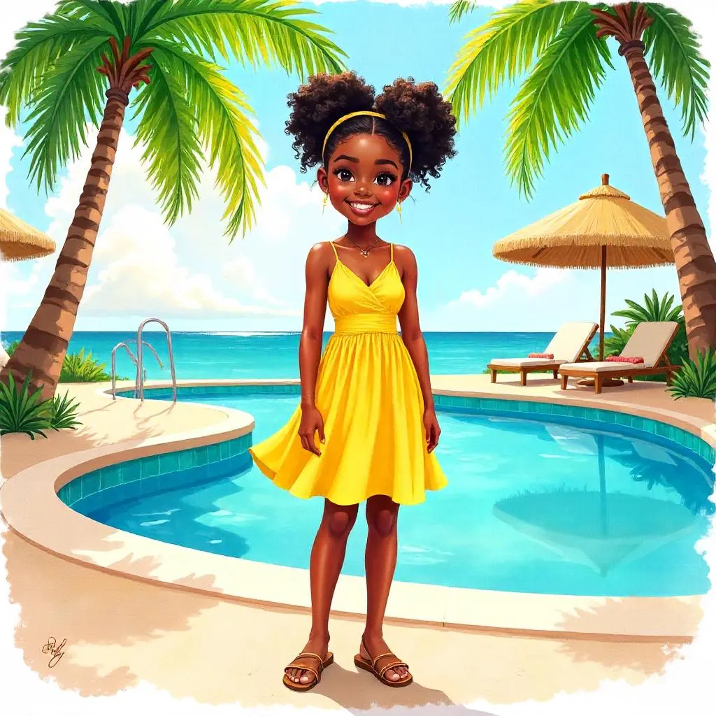 Cheerful Black Girl at a Sunny Resort - Watercolor