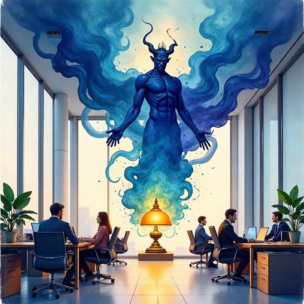 Watercolor Djinn in a Modern Office