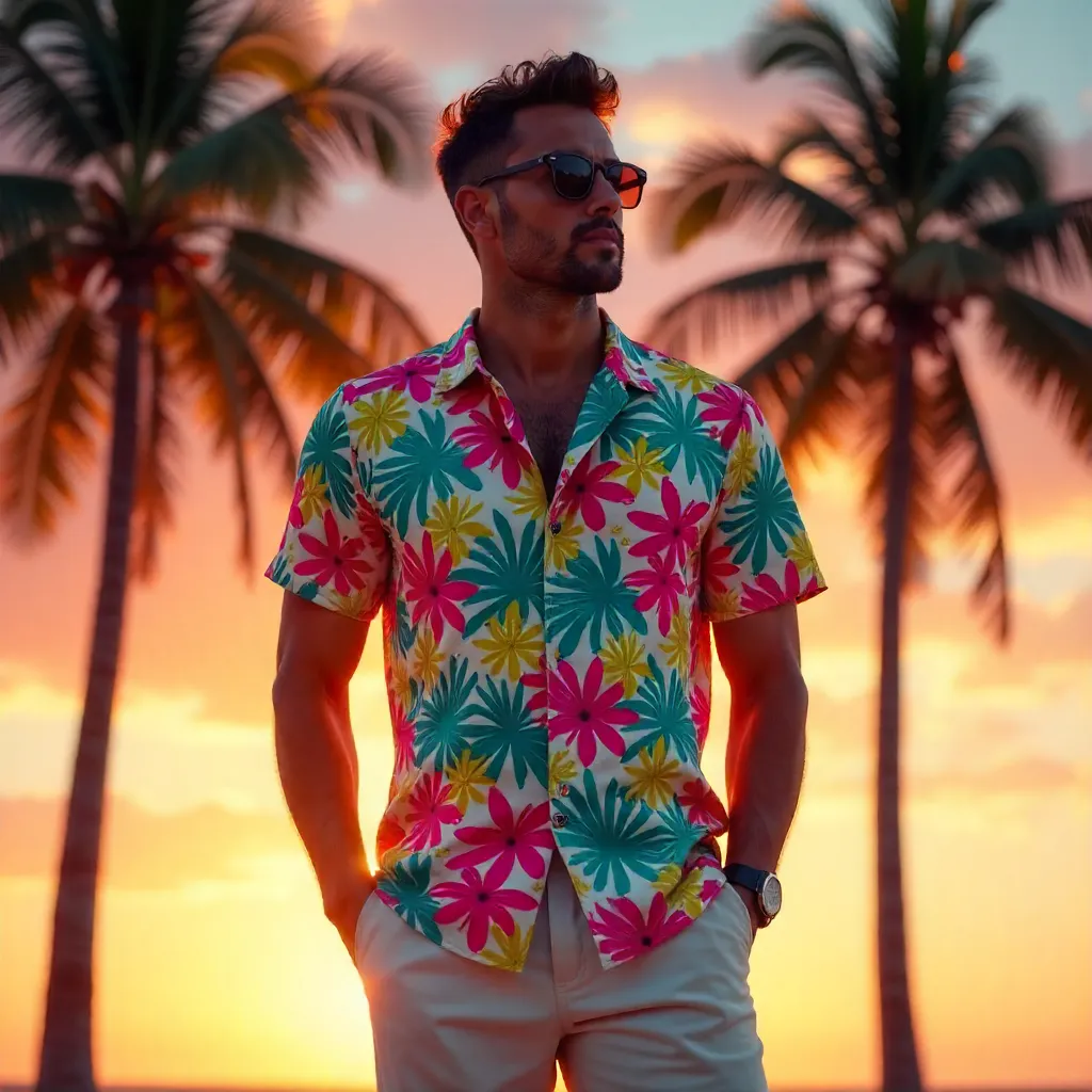 Sunset Style: Vibrant Shirt, Palm-Tree Vibes