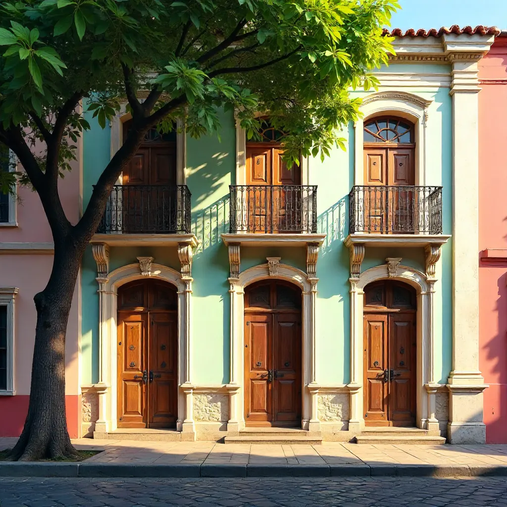 Pastel-Colonial Facade with Shade of a Tree