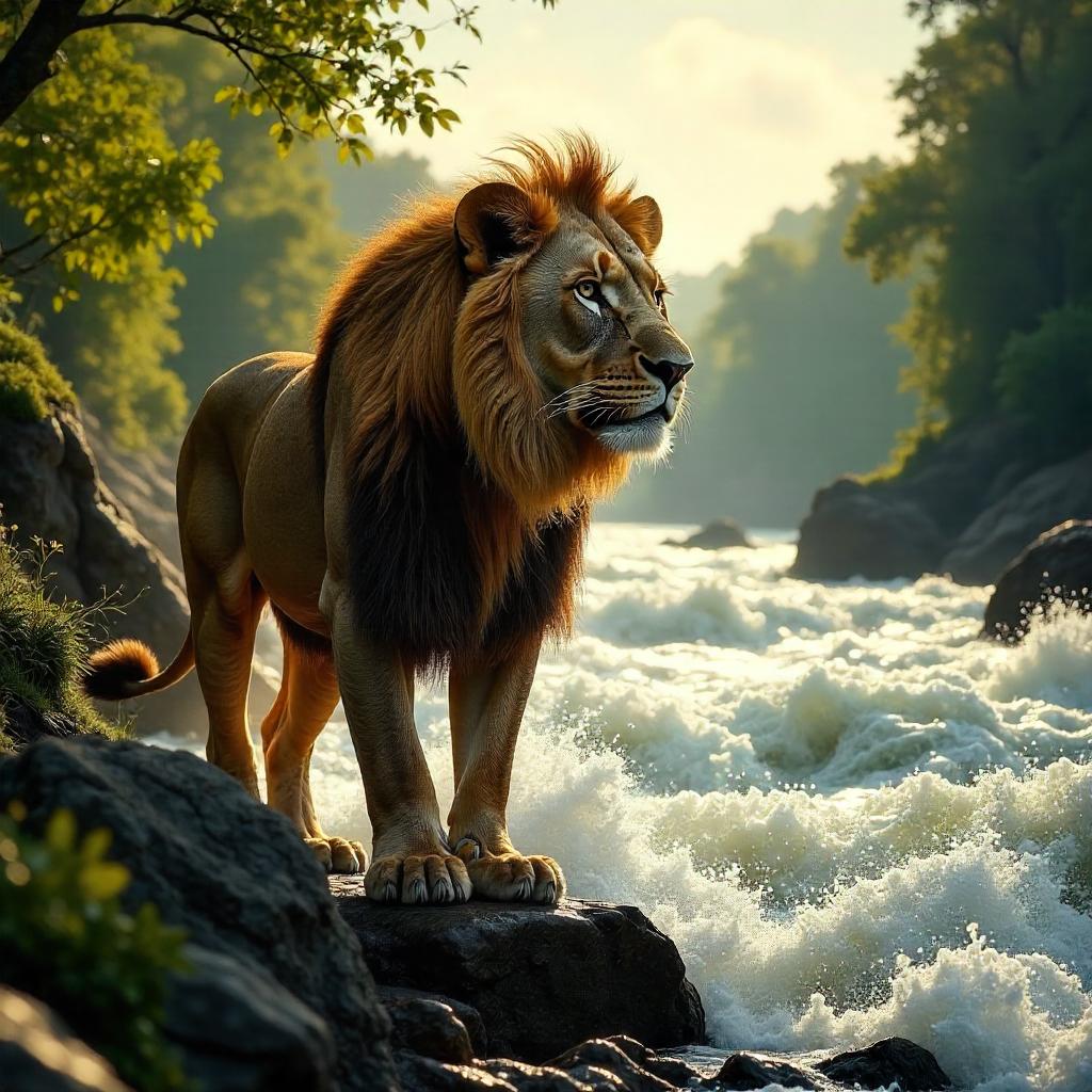 Photoreal Lion by a Roaring River