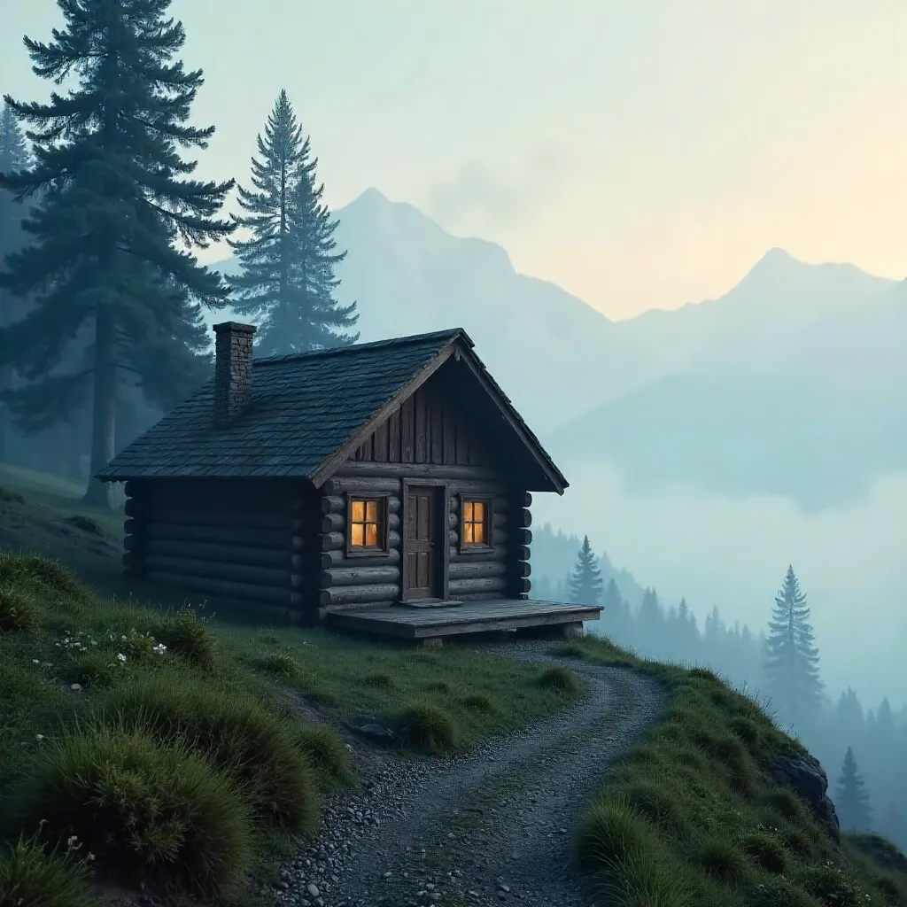 Lonely Cabin Amid Misty Pines on a Mountain Slope