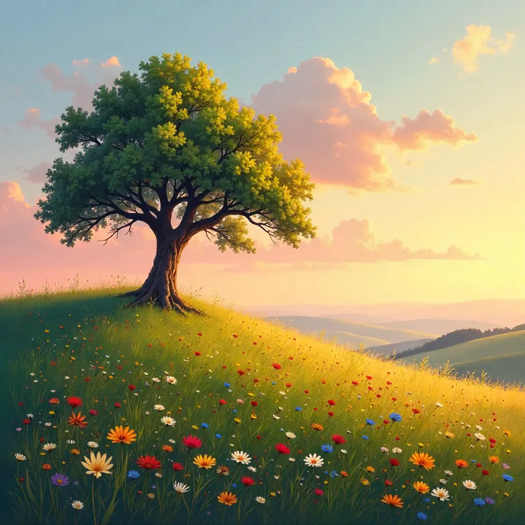 Lone Tree on a Sunset Hill Surrounded by Wildflowers