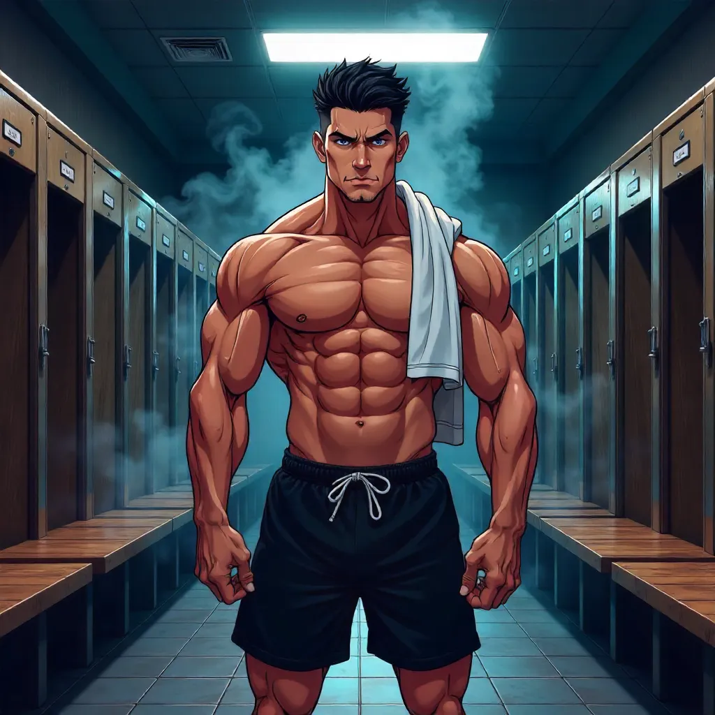 Locker Room Power: Athletic Latino Man in Anime Style