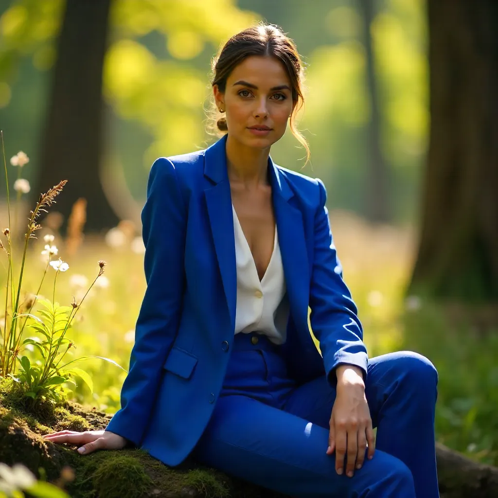 Confident Woman in a Blue Suit Amid Nature