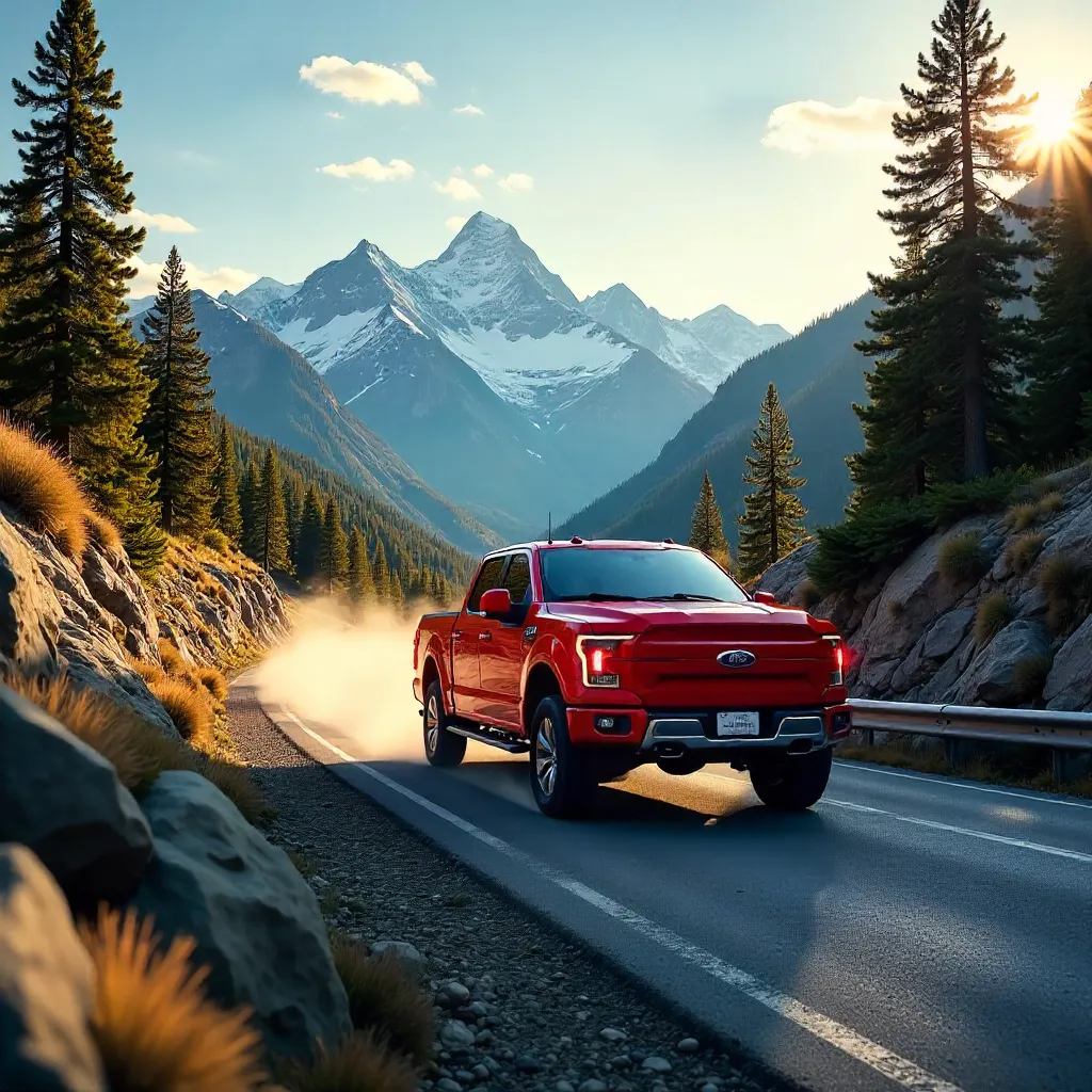 Red Truck on a Winding Alpine Road