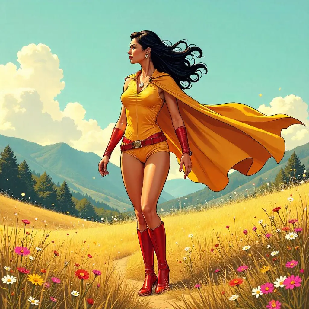 Elegant Latina Heroine in a Meadow — Comic Book Style