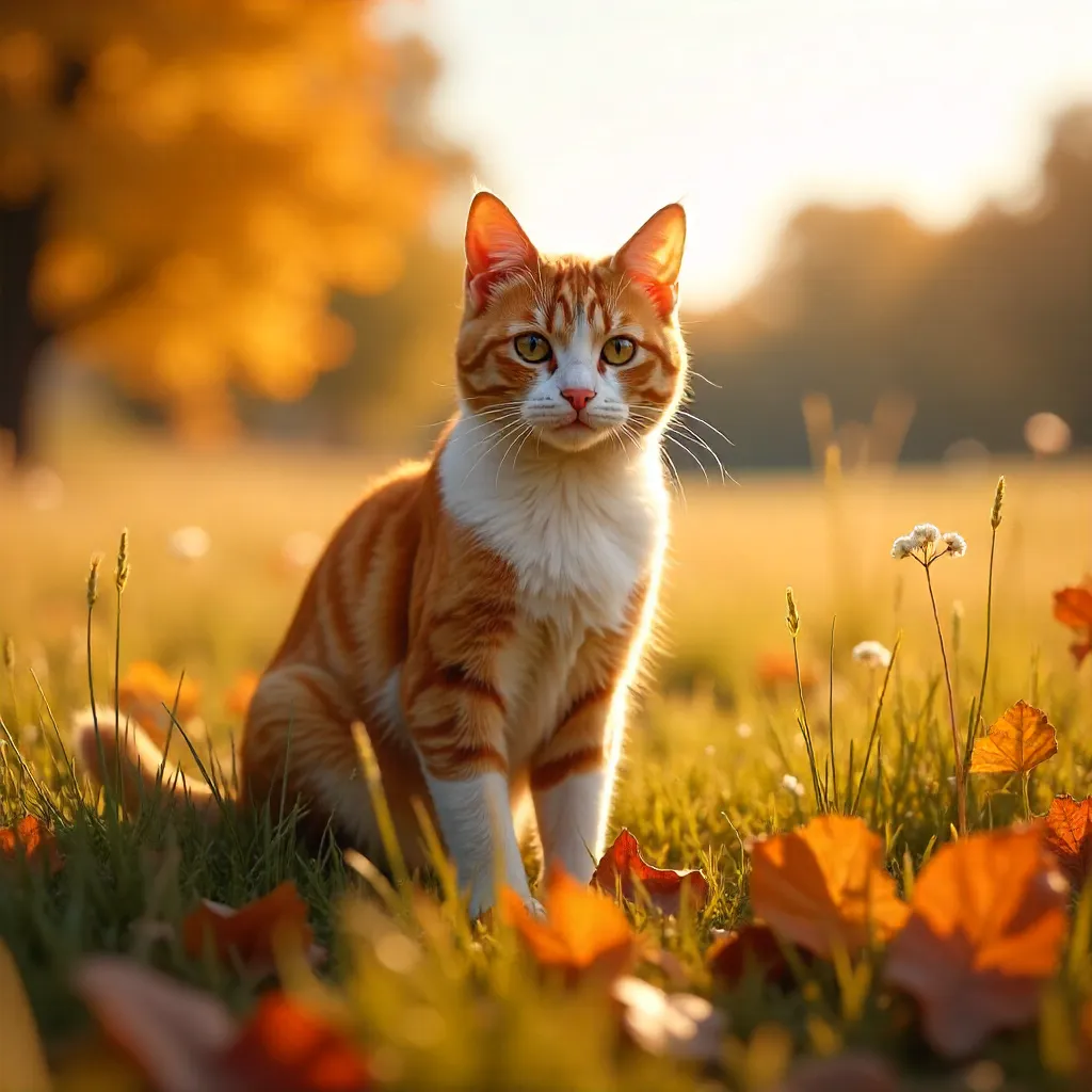 Sunlit Field Cat Amid Autumn Leaves