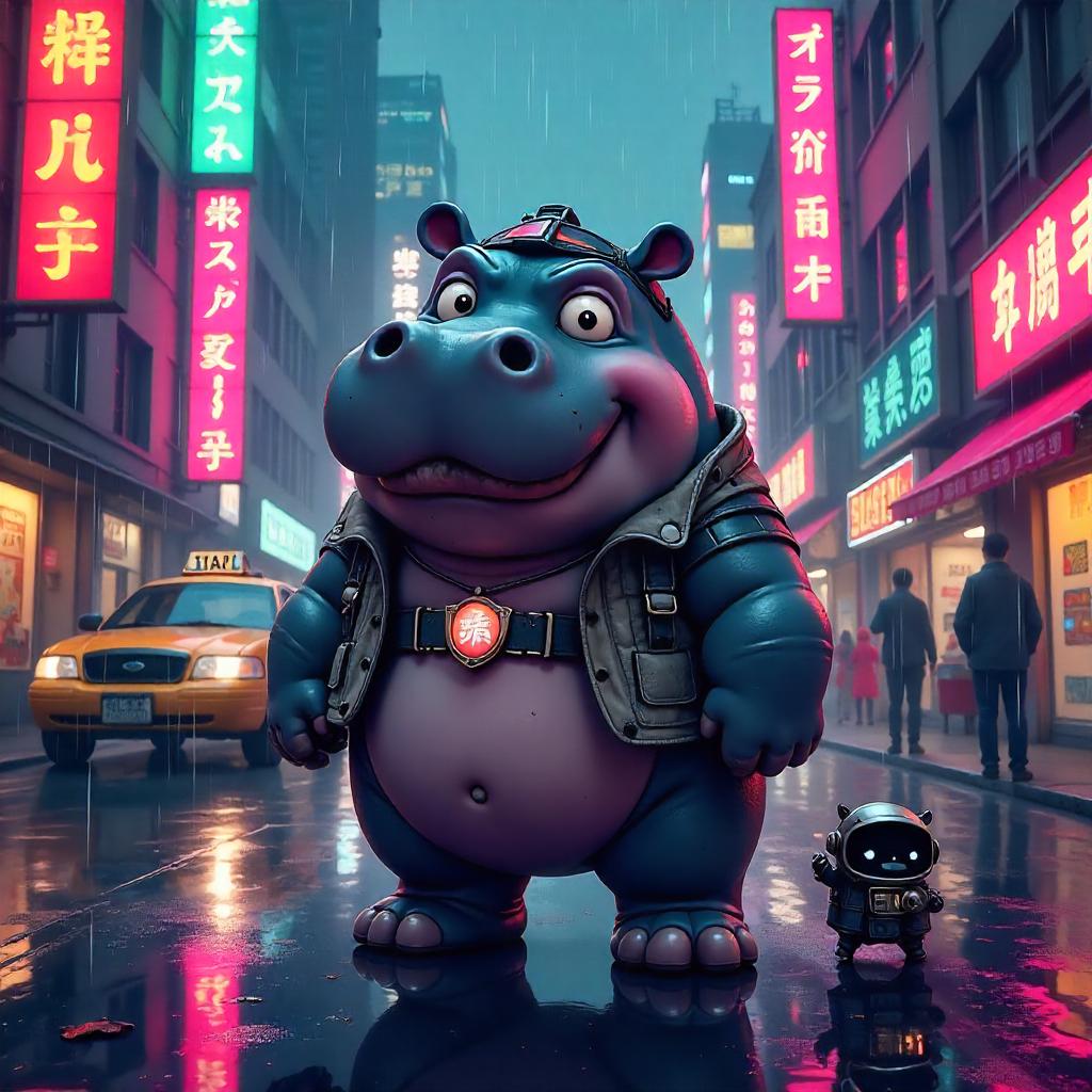 Neon Night Stroll: Cartoon Hippo in Cyberpunk City