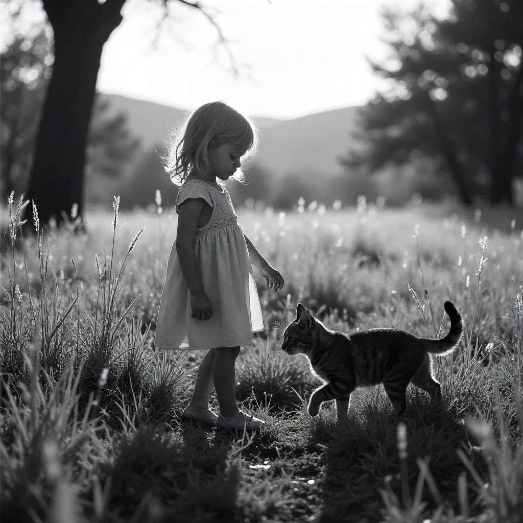 Wind-Swept Meadow: Girl and Cat in Black & White