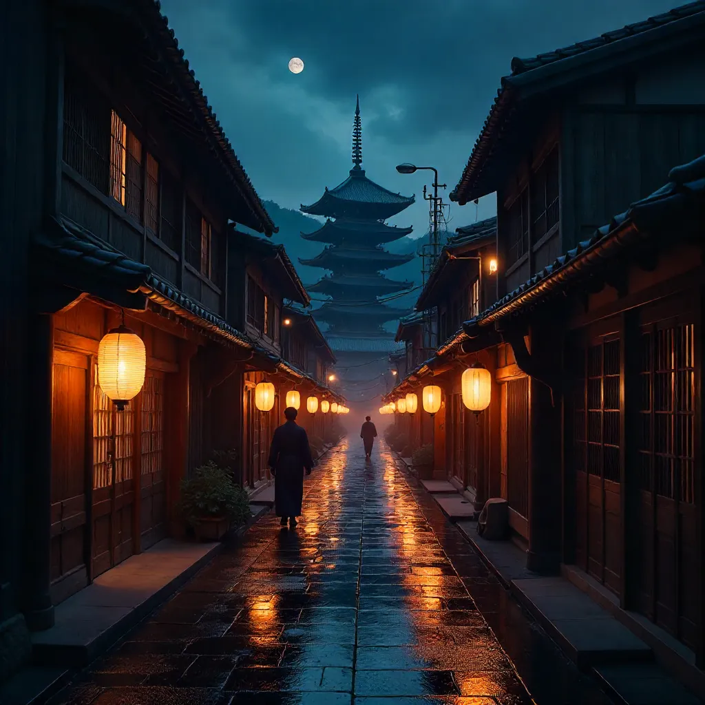Ethereal Lantern Glow over Kyoto's Night by Machiya