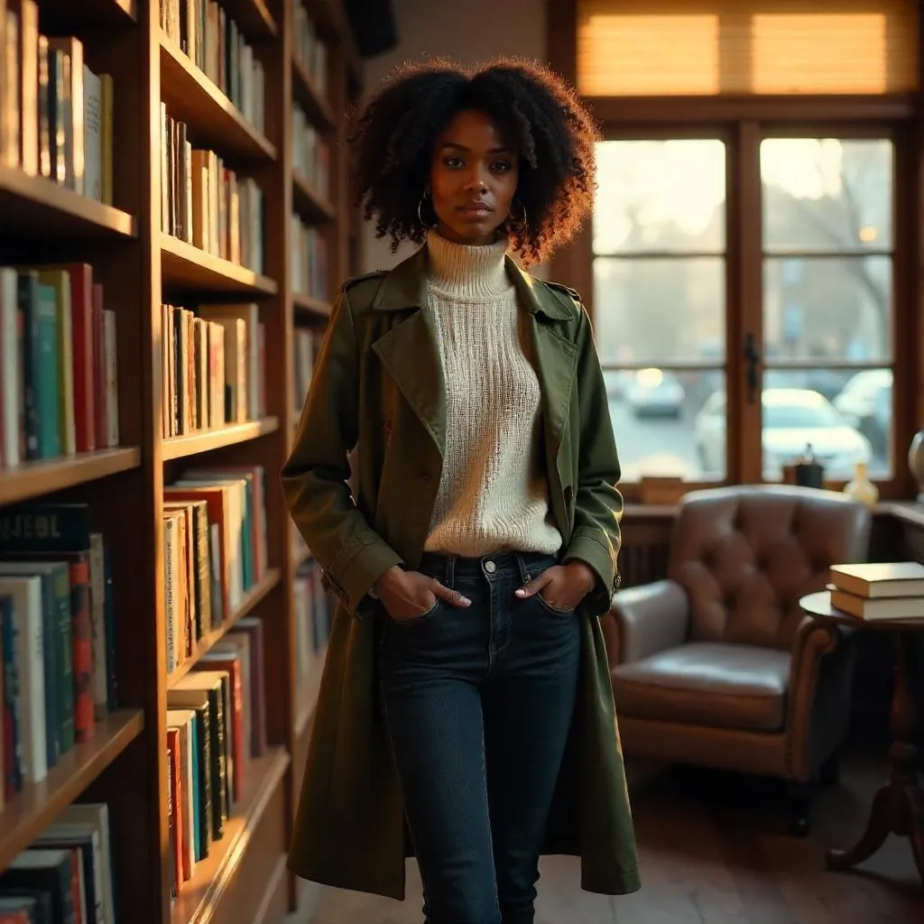 Beautiful Black Woman in a Cozy Bookstore
