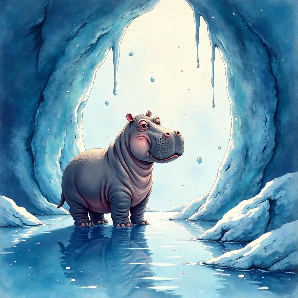 Hippo in a Watercolor Ice Cave
