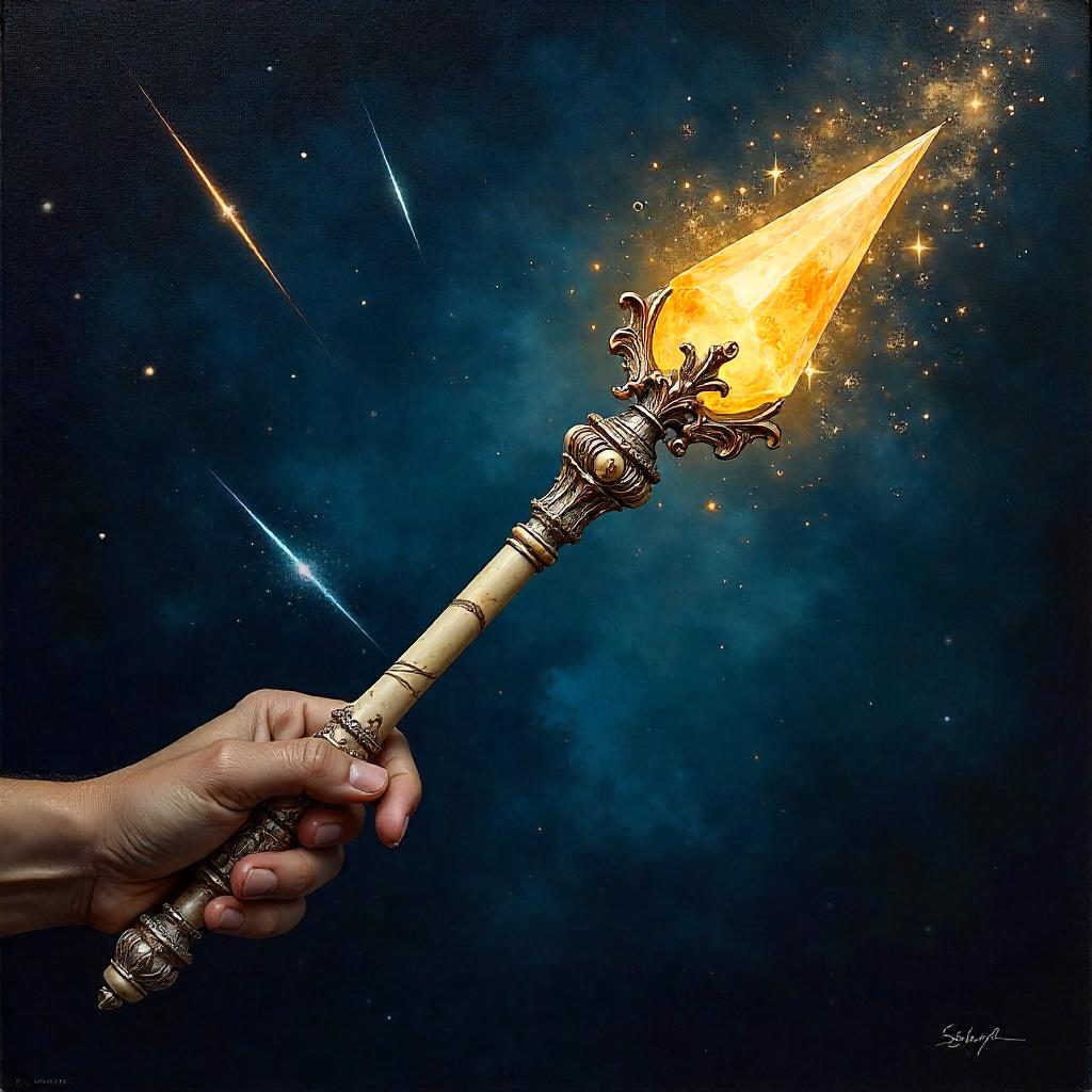 Oil Painting of a Magic Wand under a Meteor Shower