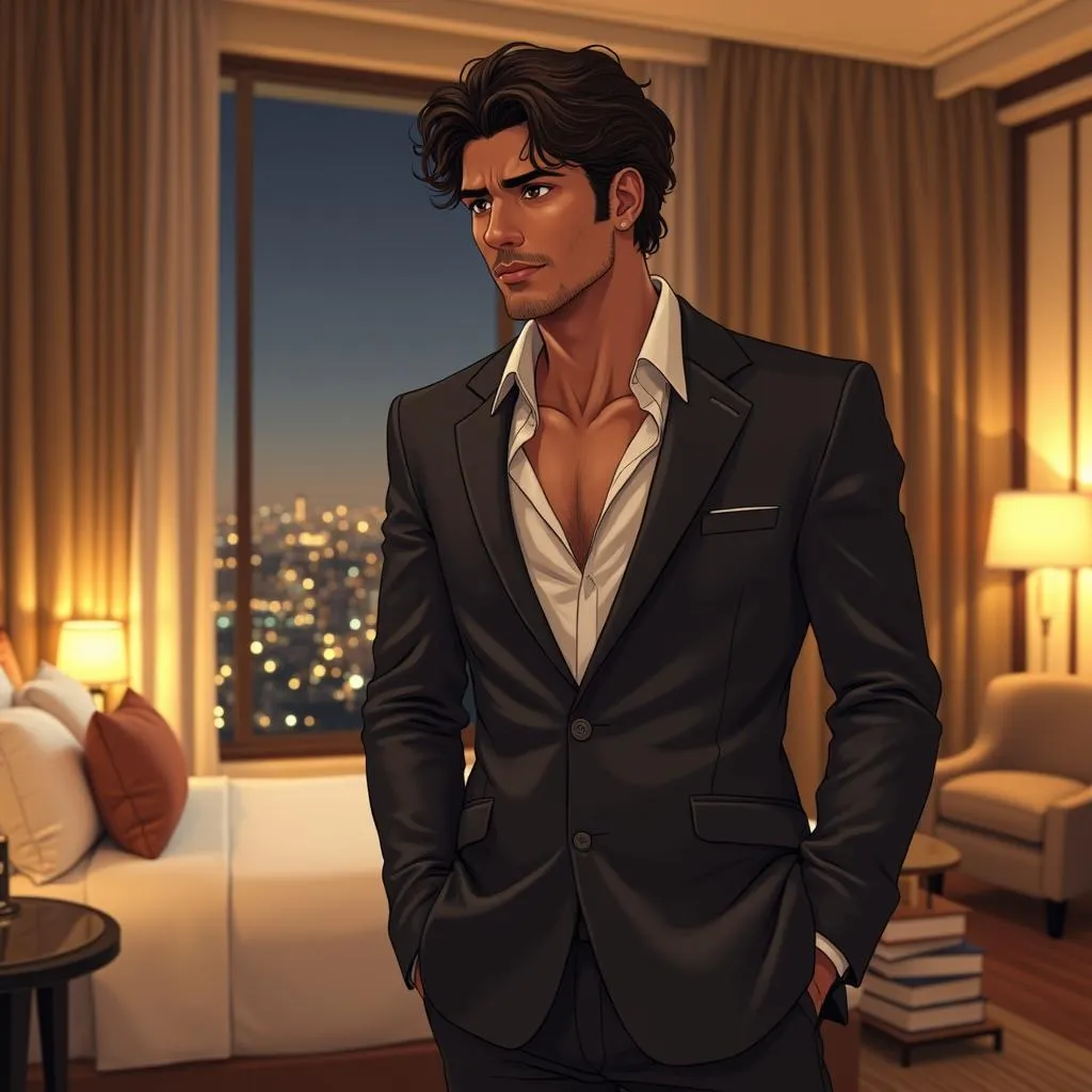Latino Handsome Man in a Moody Anime Hotel Room