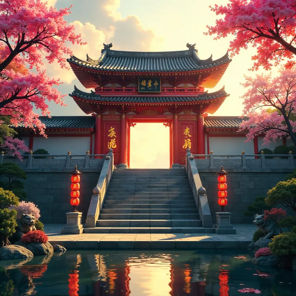 Vibrant Asian Temple Entrance in Vivid Colors