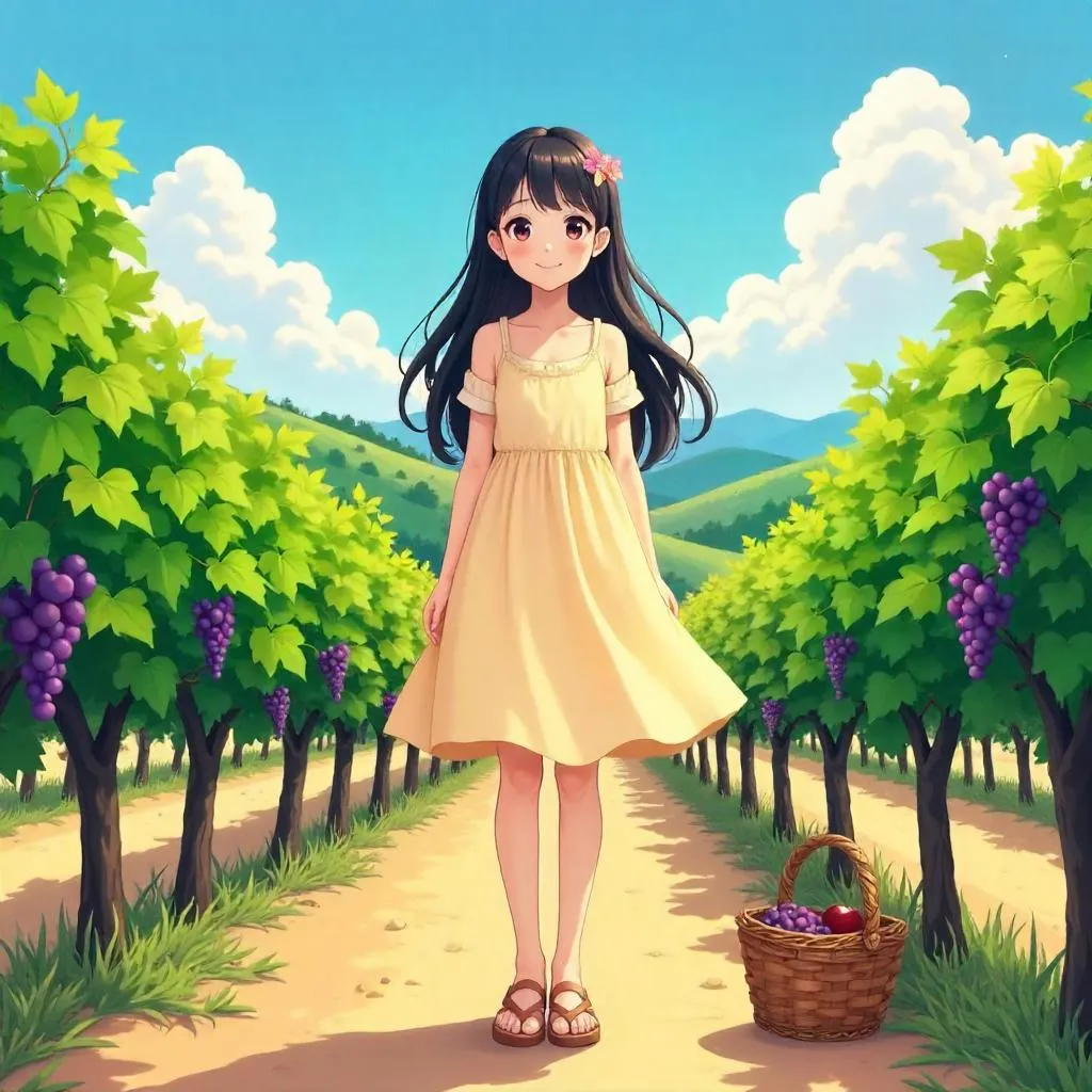 Cheerful Asian Girl in a Vineyard