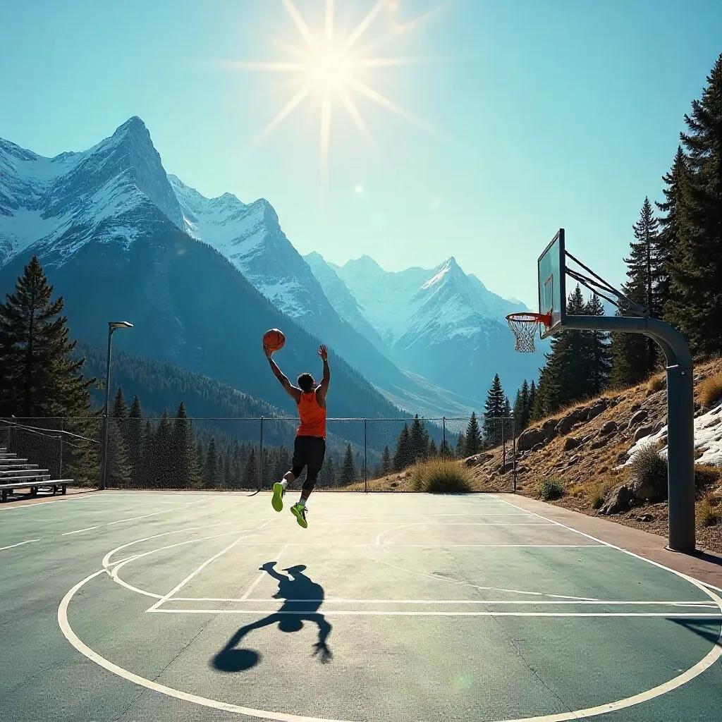 Sunlit Mountain Backdrop Outdoor Basketball Court