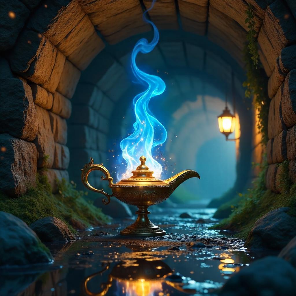 Genie Emerges in a Damp Underground Tunnel