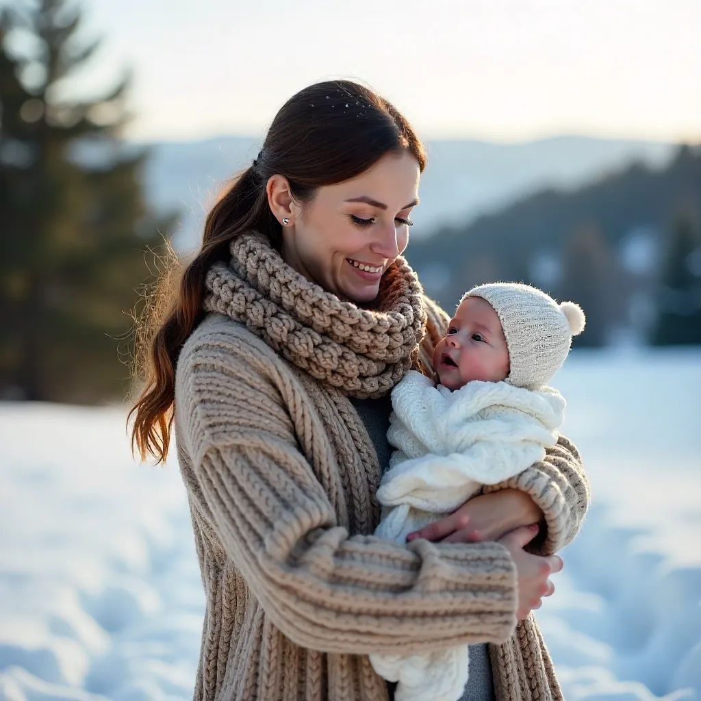 Heartwarming Winter Portrait: Mother With Baby in Snow