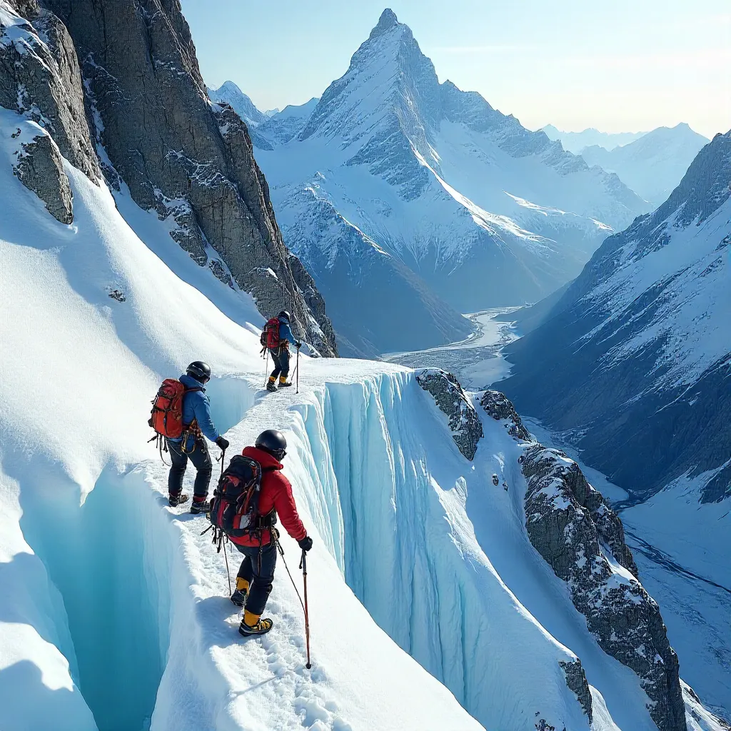 Three Climbers Navigating Chamonix Ice Crevasses