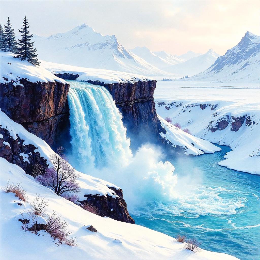 Watercolor Avalanche Over a Misty Waterfall