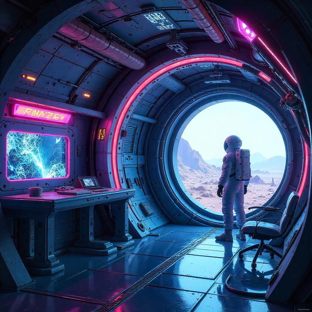 Ice Crystals in a Neon Mars Cyberpunk Base
