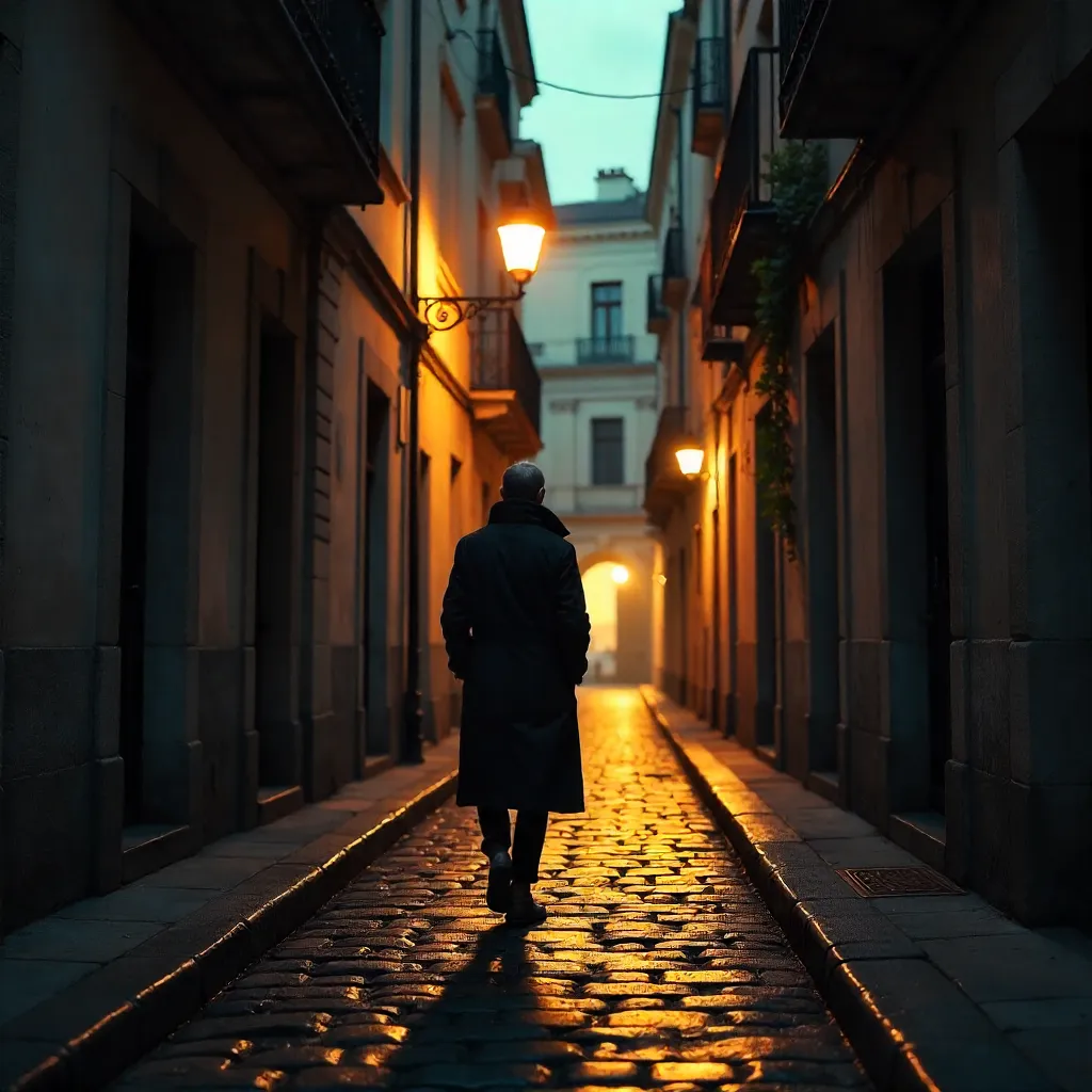 Silhouette in a Narrow European Cobblestone Alley