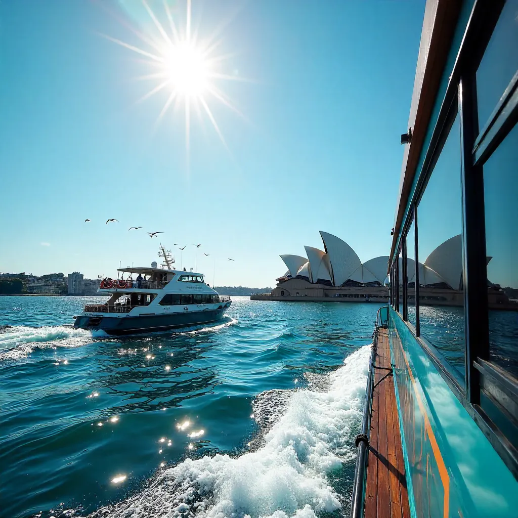Sunny Ferry Approaches Sydney Opera House