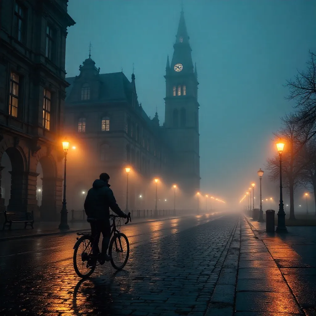 Fogbound Night at Hamburg City Hall: Lone Cyclist