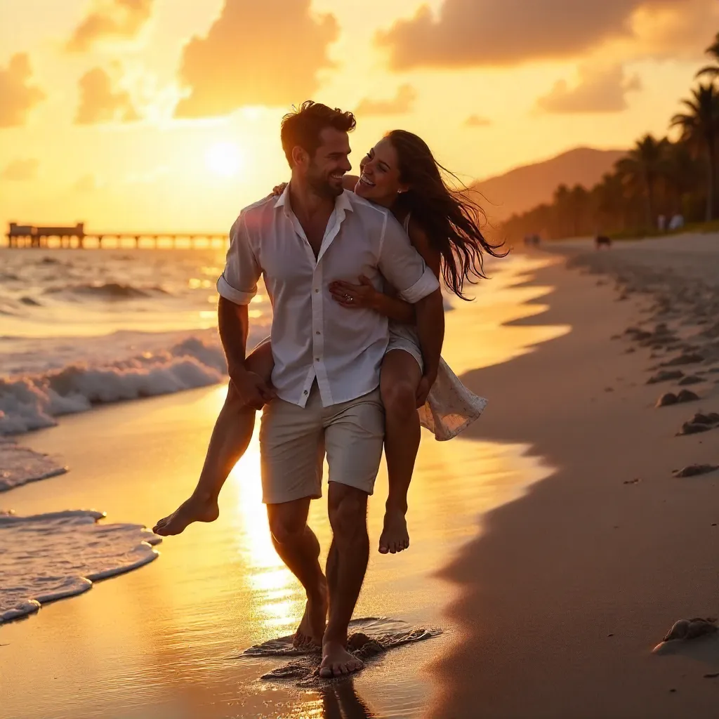 Joyful Sunset Piggyback on the Beach
