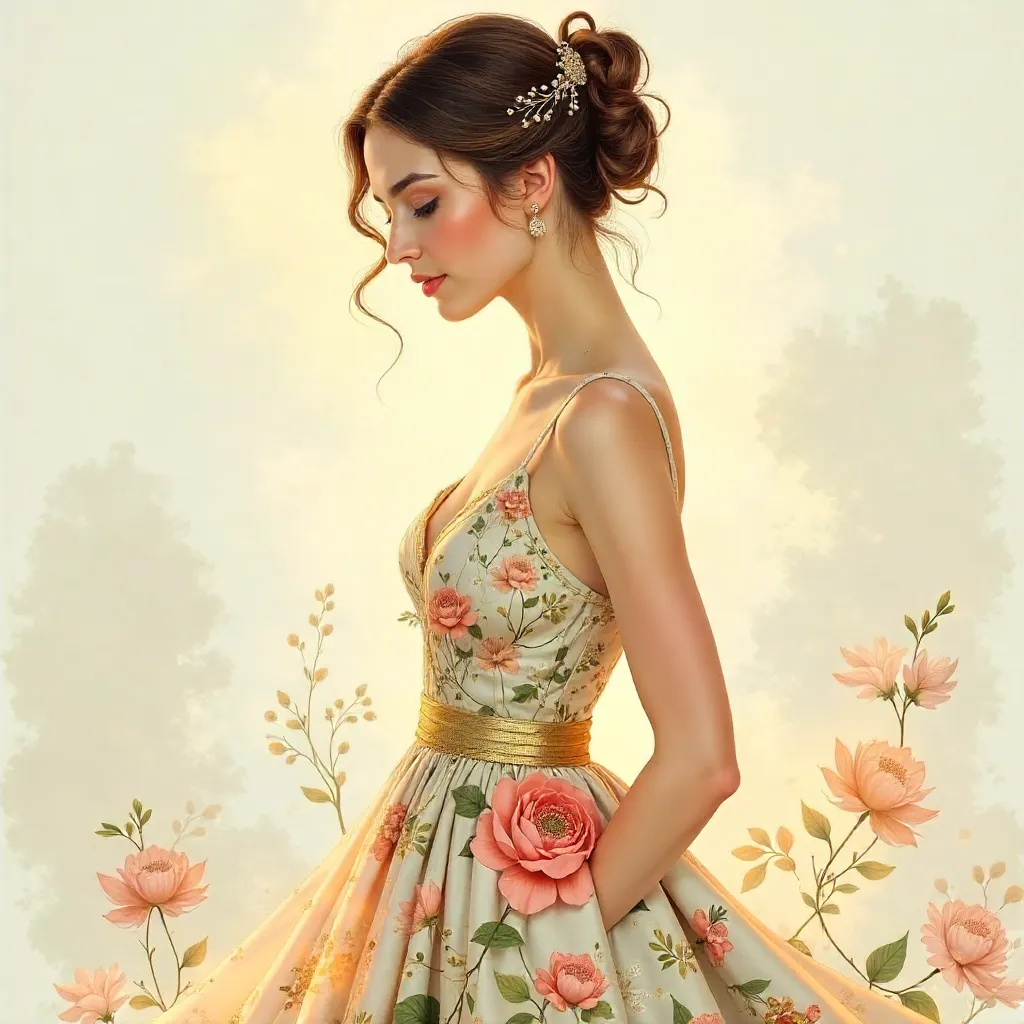 Serene Floral Portrait in Silk Fabric