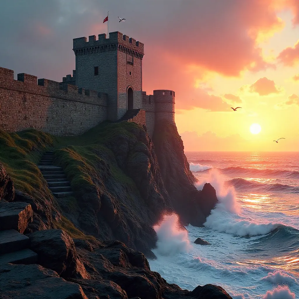 Sunrise Over a Cliffside Coastal Fortress