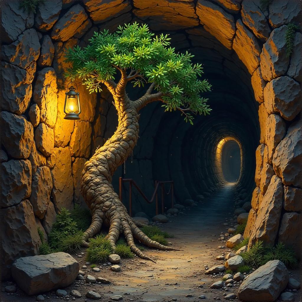 Tree in a Moonlit Mine - An Oil Painting