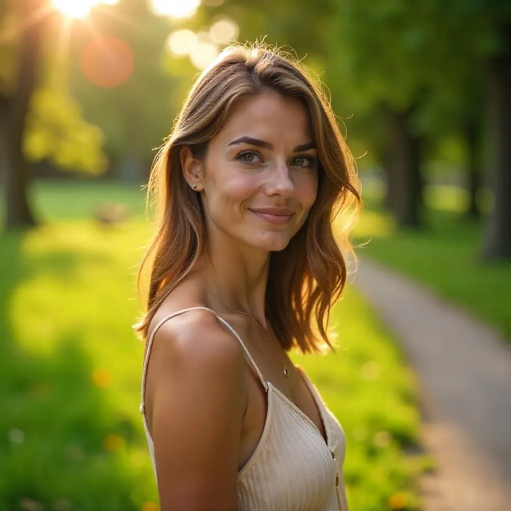 Golden Hour Portrait: Caucasian Woman in Park