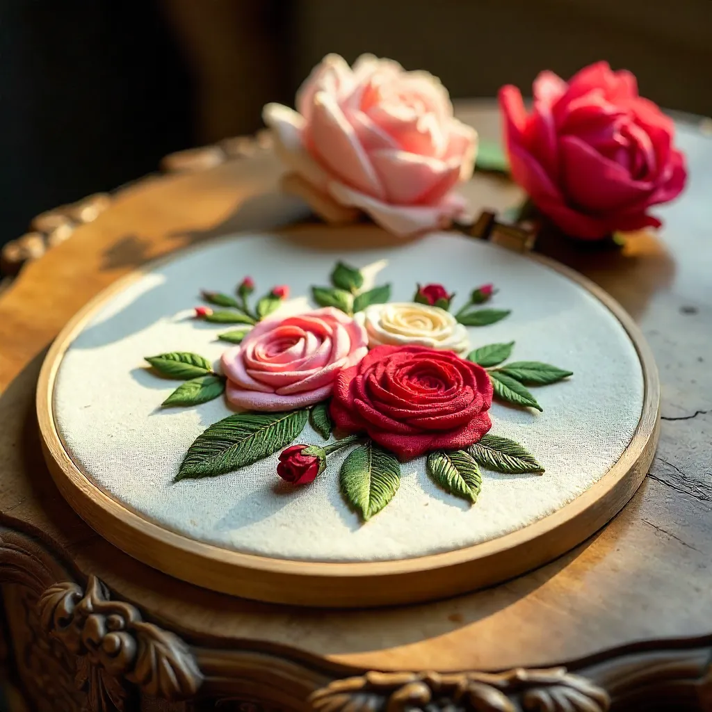 Macro Rose Embroidery on Carved Wooden Table