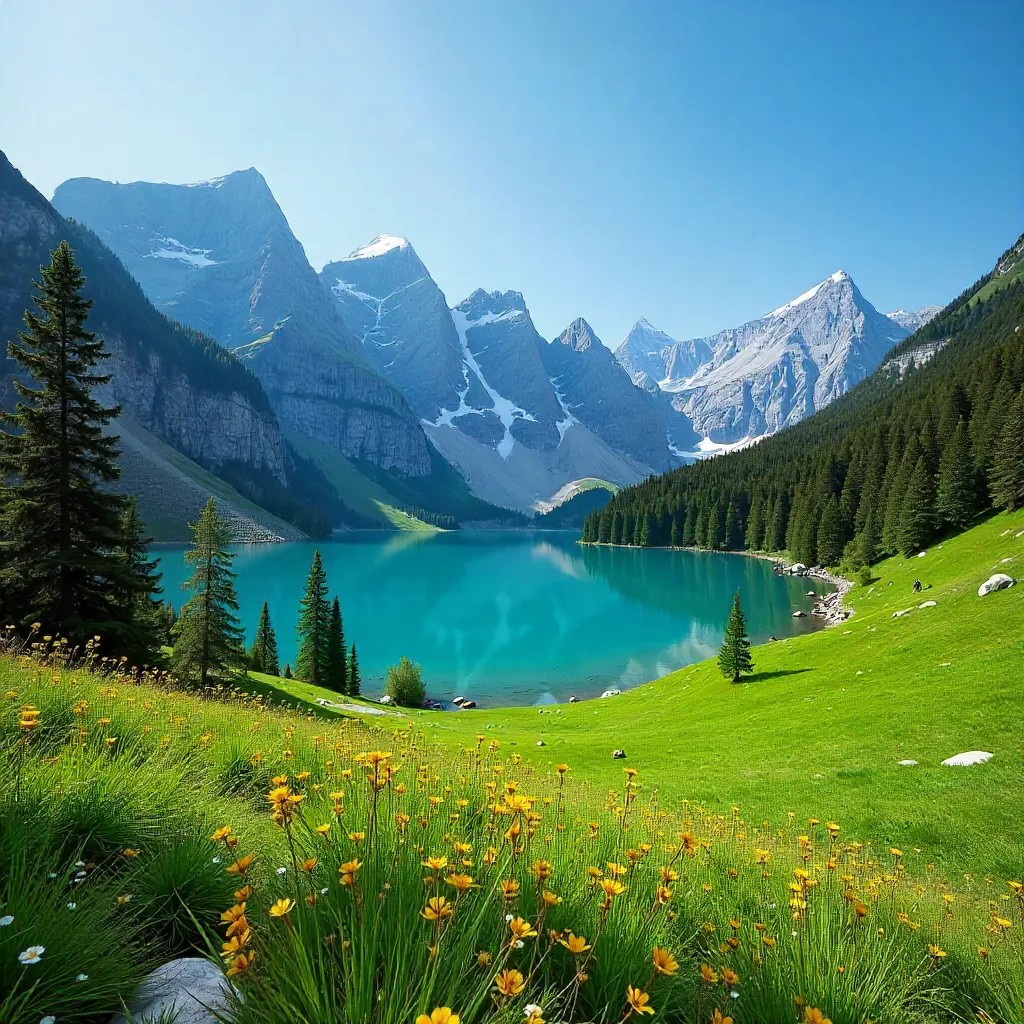 Alpine Serenity: Swiss Alps with Green Meadows and Lake