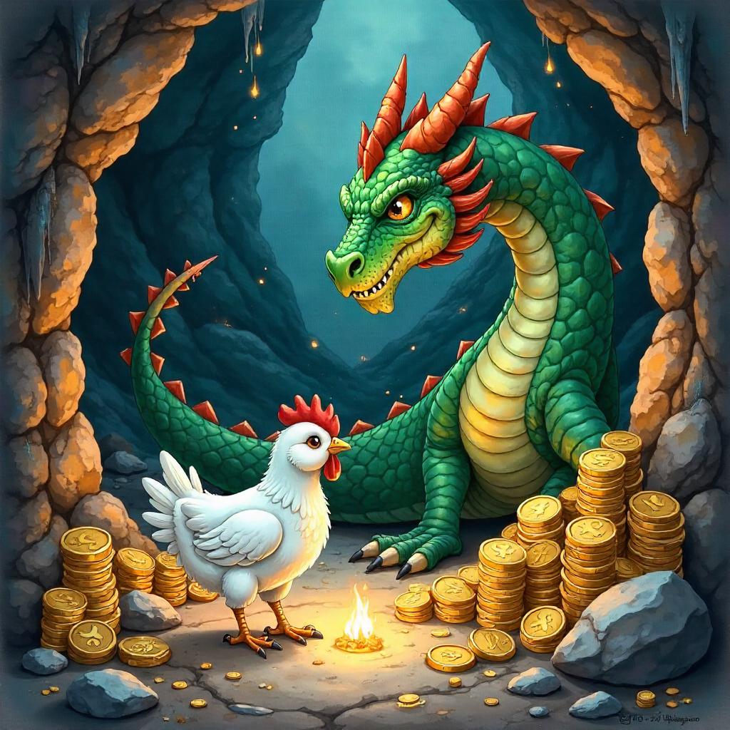 Watercolor Chicken in a Dragon's Lair Amid Treasures