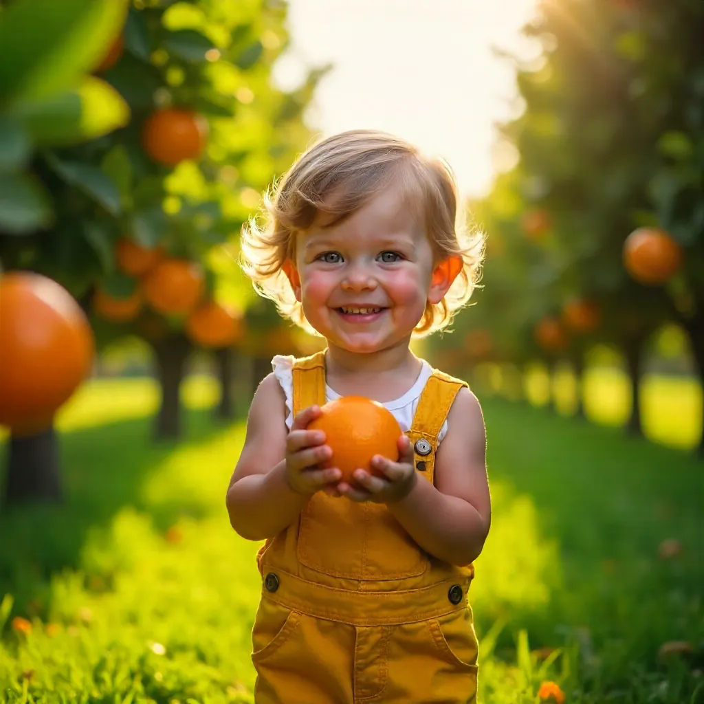 Sunny Orchard Delight: Child in Yellow Overalls
