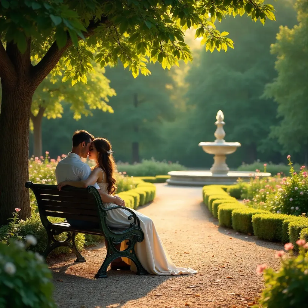 Embrace on a Bench in a Serene French Garden