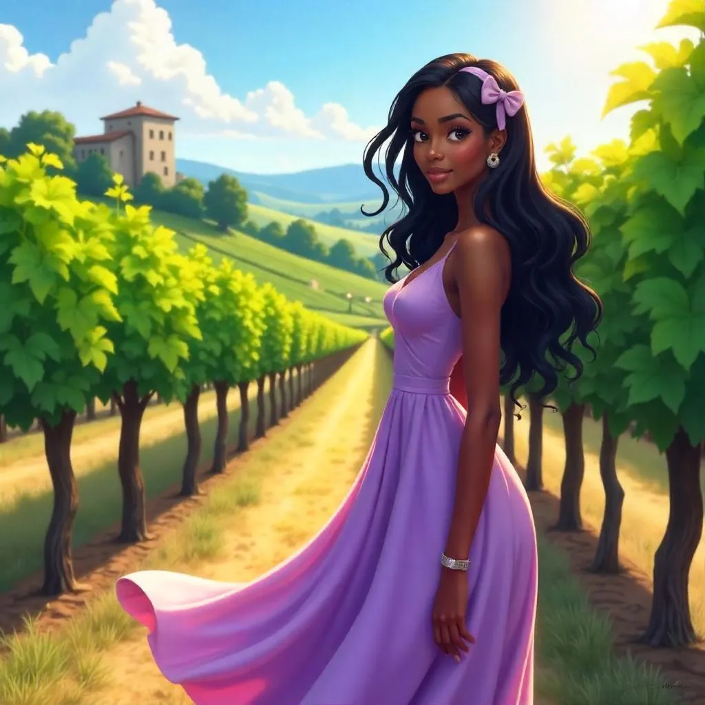Elegant Black Woman in a Lavender Vineyard - Anime Style