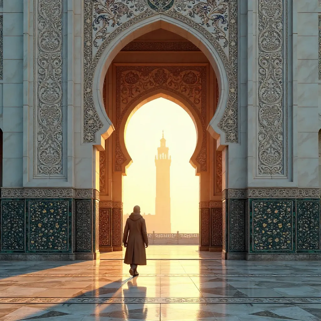 Lone Figure at Hassan II Mosque at Sunrise