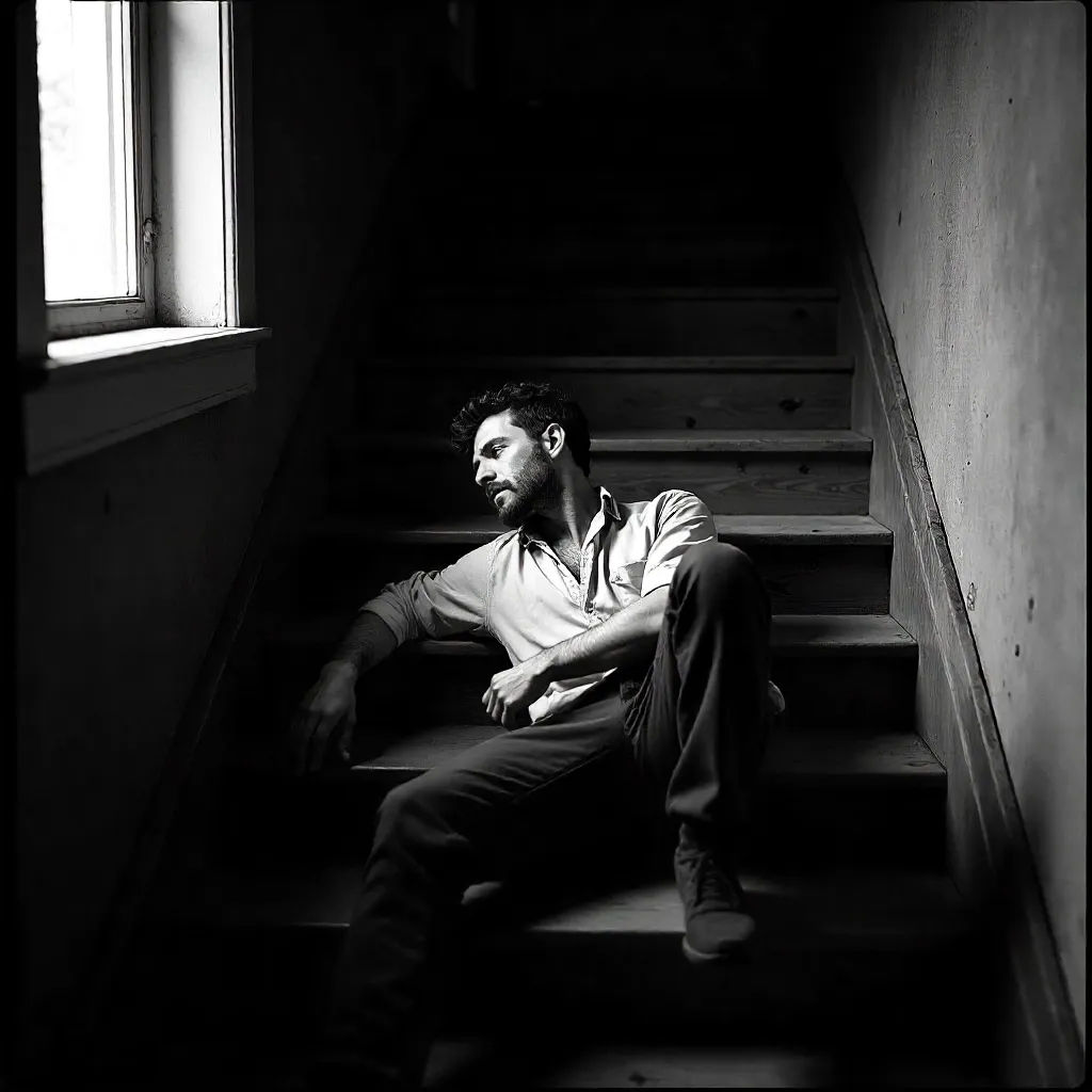 Moody Black-and-White Portrait on Wooden Stairs