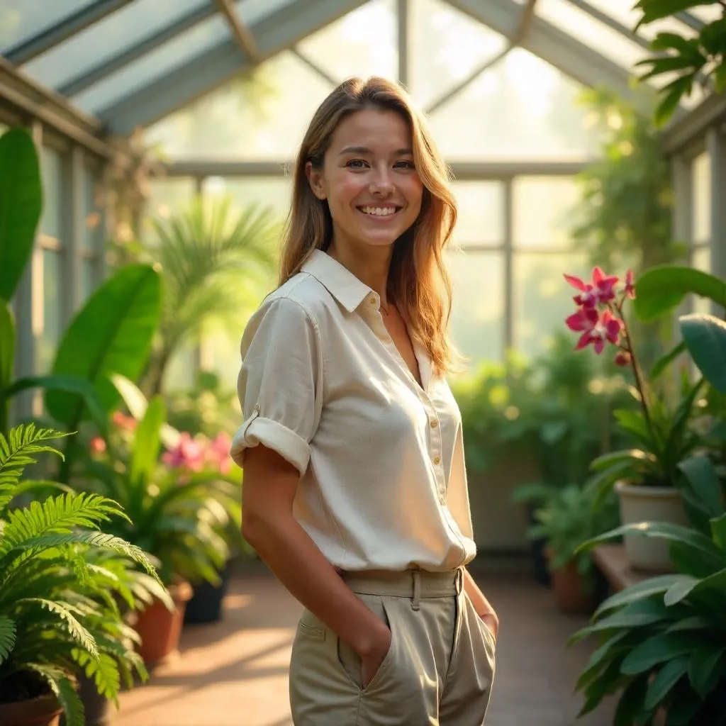 Cheerful White Woman in a Sunlit Conservatory